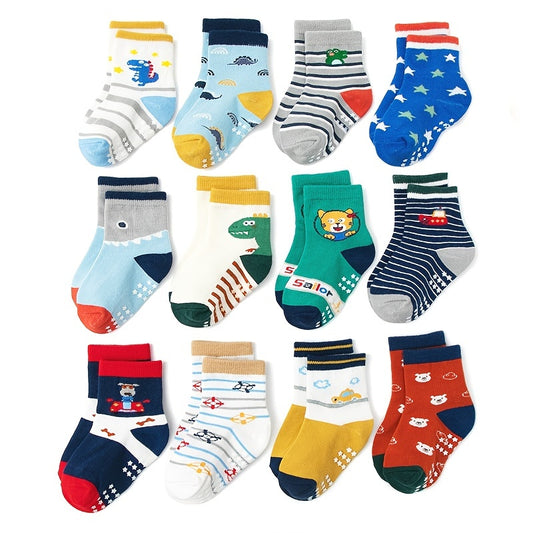 12pairs Boys Kids Anti-skid Socks, Cartoon Pattern Cute Socks