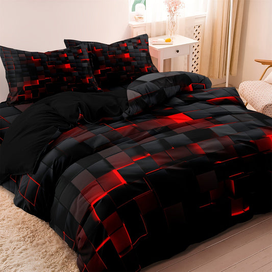 Modern Duvet Cover Set (1*Duvet Cover + 1/2*Pillowcases, Without Core), Fashion Red Grid 3D Print Bedding Set, Soft Comfortable Duvet Cover