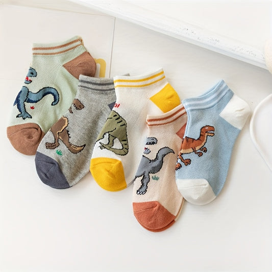 5 Pairs Of Boy's Trendy Dinosaur Pattern No Show Socks