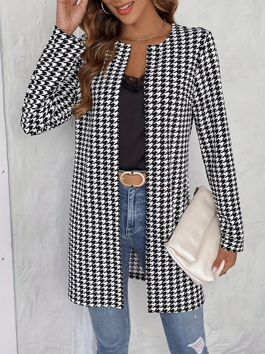 Houndstooth Print Open Front Jacket, Elegant Crew Neck Long Sleeve Outerwear