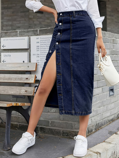 High-Waist Denim Midi Skirt With Single-breasted Front Button Split