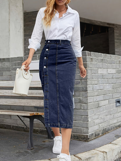 High-Waist Denim Midi Skirt With Single-breasted Front Button Split