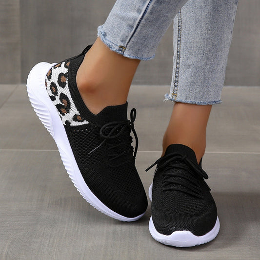 Women's Casual Sneakers, Flying Woven Leopard Pattern Breathable Lace-up Running Shoes