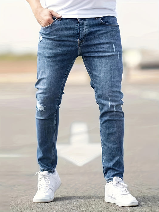 Men's Casual Skinny Fit Denim Jeans With Ripped Detail