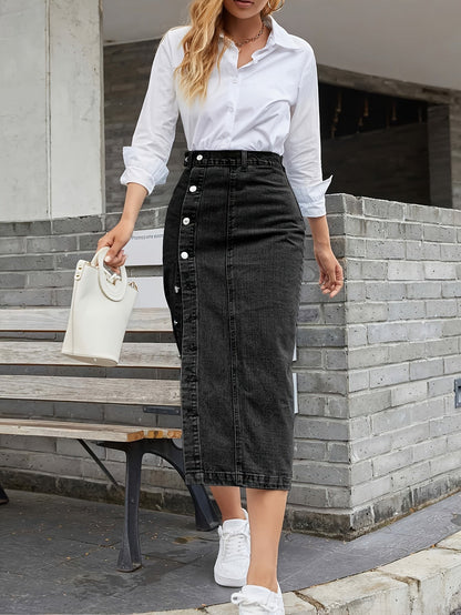 High-Waist Denim Midi Skirt With Single-breasted Front Button Split