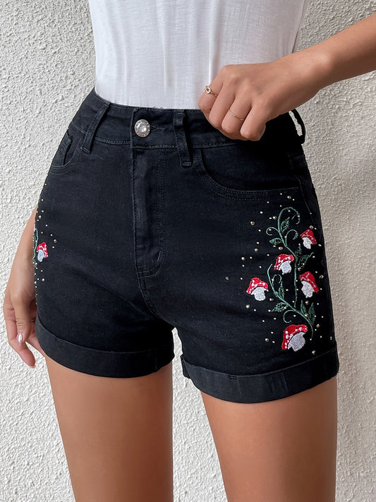 Men will find you “x” in these Mushroom Plant Embroidery Cute Denim Shorts