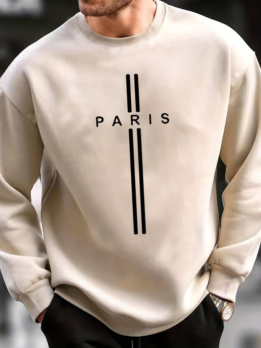 PARIS Print Trendy Sweatshirt, Men's Casual Graphic Design Slightly Stretch Crew Neck Pullover Sweatshirt