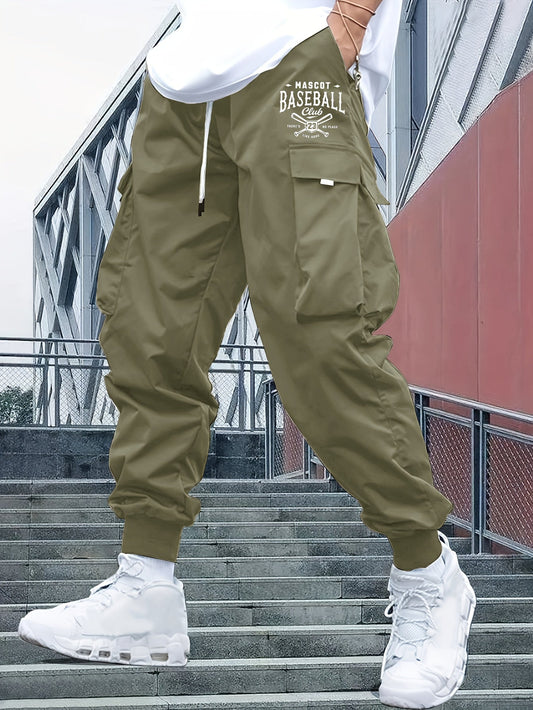 Men's Letter Print Loose Fit Cuffed Cargo Pants With Drawstring And Flap Pockets