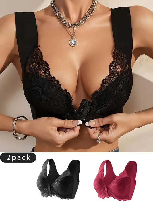 2-Pack Women's Front Closure Bras, Elegant Lace Lingerie Set, Fashionable Deep V-Neck Wireless Underwear