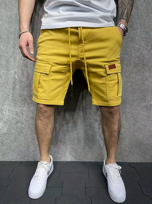 Casual Solid Men's Regular Fit Elastic Waist Cotton Cargo Shorts With Side Pockets