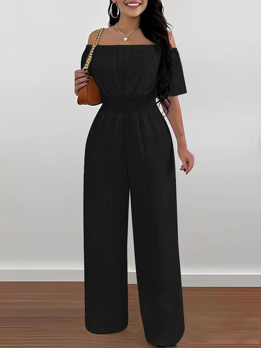 Off Shoulder Wide Leg Jumpsuit, Casual Short Sleeve Jumpsuit