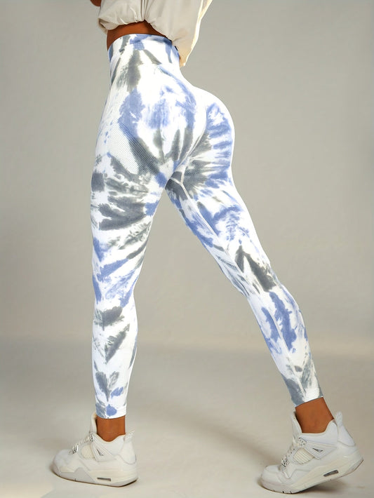 Tie Dye Wide Waistband Yoga Pants, Stretchy Running Fitness Sports Leggings