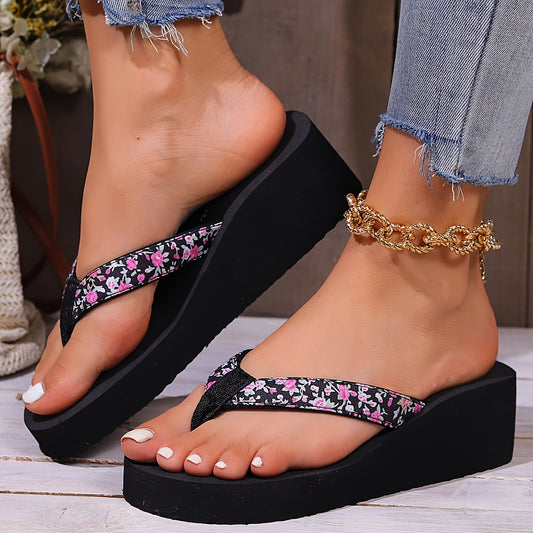 Women's Flower Pattern Wedge Heeled Sandals, Casual Clip Toe Platform Shoes, Comfortable Slip On Beach Sandals