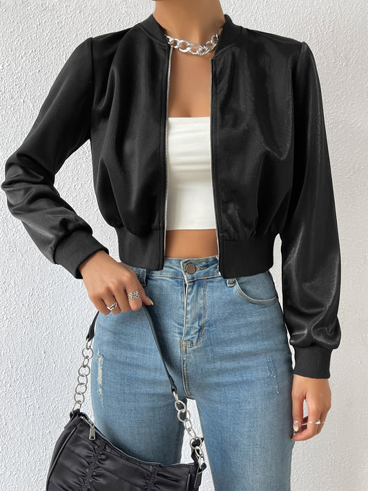 Solid Color Zip-up Jacket, Casual Long Sleeve Crop Jacket