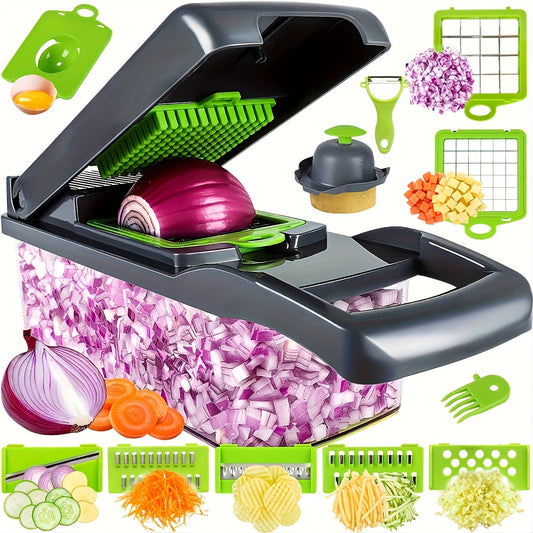 16pcs/Set, Vegetable Chopper, Multifunctional Fruit Slicer, veggie slicer, Vegetable Slicer, Cutter With Container, Onion Mincer Chopper With Multiple Interchangeable Blades, Household Potato Shredder