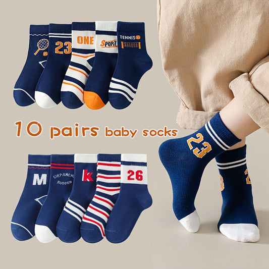 10 Pairs Of Boy's Trendy Street Style Pattern Crew Socks