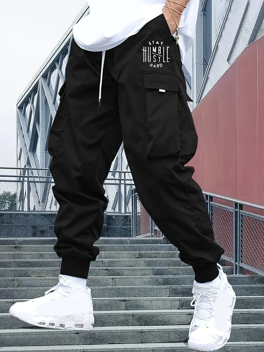 Men's Letter Print Regular Fit And Cuffed Cargo Pants With Drawstring And Flap Pockets