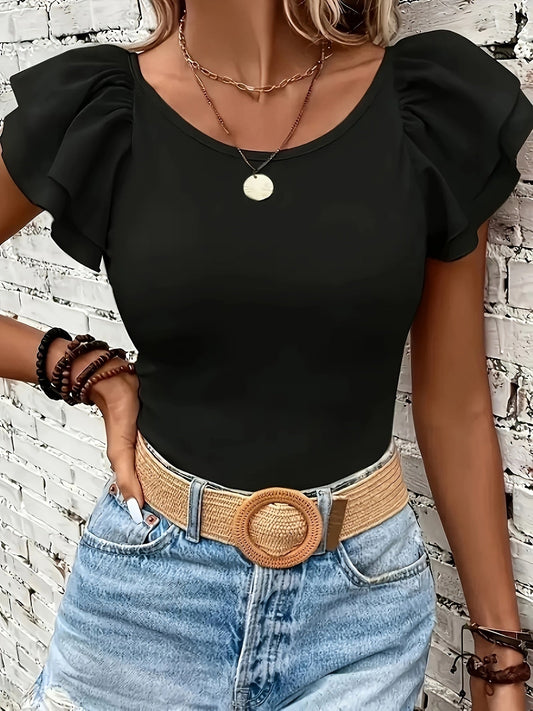 Solid Layered Ruffle Trim Slim Top