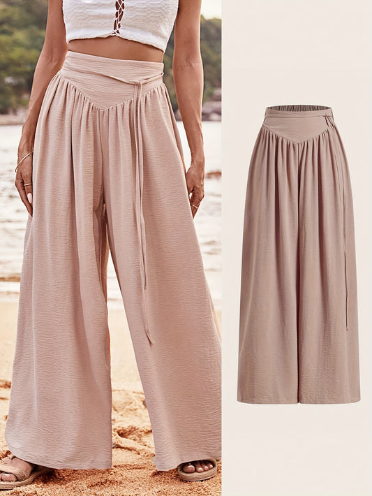 Solid Color Lace Up High Waist Pants, Casual Wide Leg