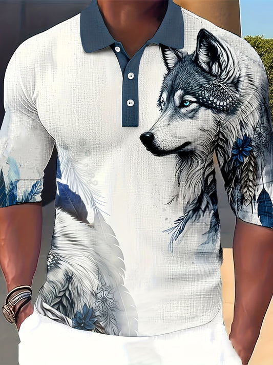 Breathable Regular Fit Wolf Pattern Golf Shirt, Men's Casual V-Neck T-Shirt Short Sleeve