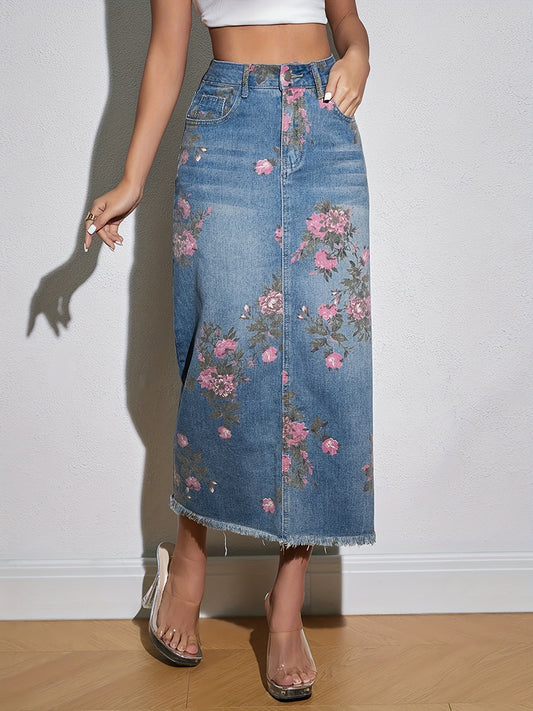 Floral Print Raw Hem Maxi Denim Skirt