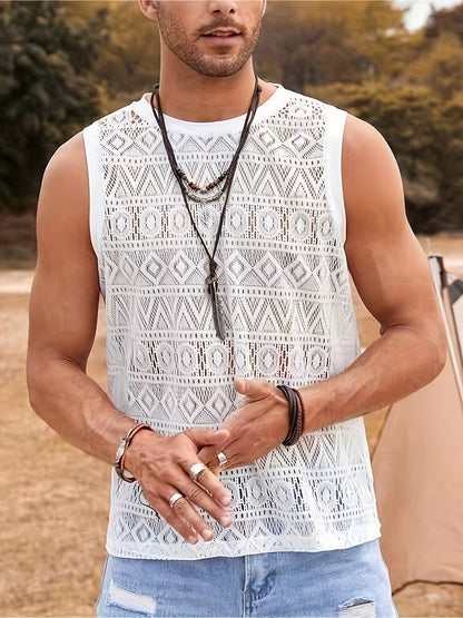 Men's Ethnic Hollow Out Tank Top, Casual Comfy Vest For Summer