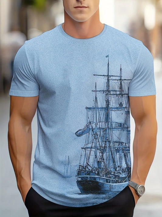 Men's Boat Graphic Print T-shirt, Short Sleeve Crew Neck Tee