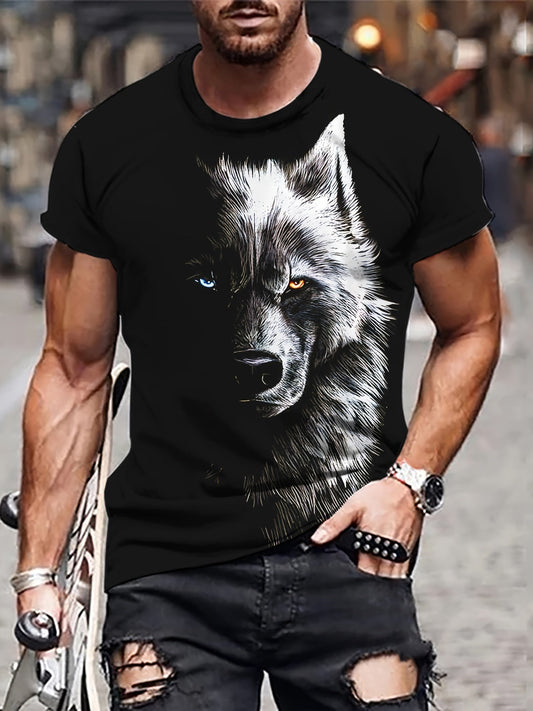 Men's Wolf Print T-shirt, Casual Short Sleeve Crew Neck Tee