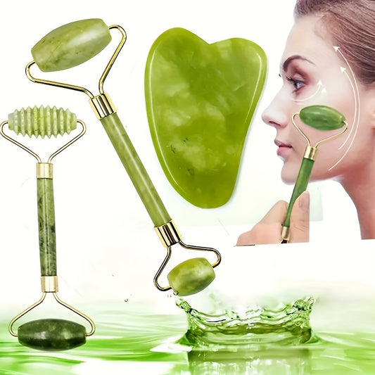 2/3pcs Natural Stone Facial Massage Scraper Set With Jade Roller And Stone Facial Massager, For Eye And Neck Massage