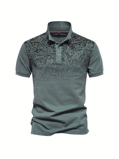 Men's Casual Leaf Print Lapel 1/4 Button Short Sleeve Shirt