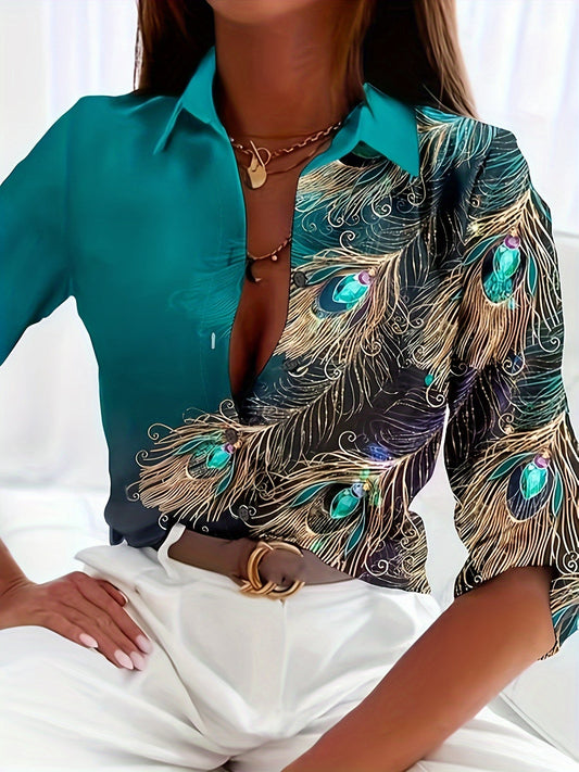 Graphic Print Shirt, Casual Button Front Long Sleeve Shirt