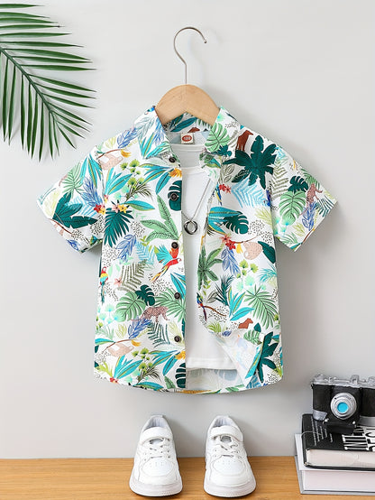 Cartoon Tropical Leaves Print Boys Creative Shirt, Casual Short Sleeve Lapel Shirt Tops