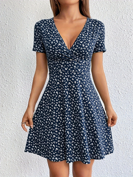 Floral Print V-neck Cross Dress, Elegant A-line Short Sleeve