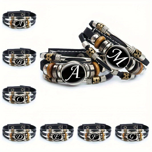 Artistic Letter A-Z Faux Leather Bracelet, 26 Initial Letters Glass Adjustable Bracelet