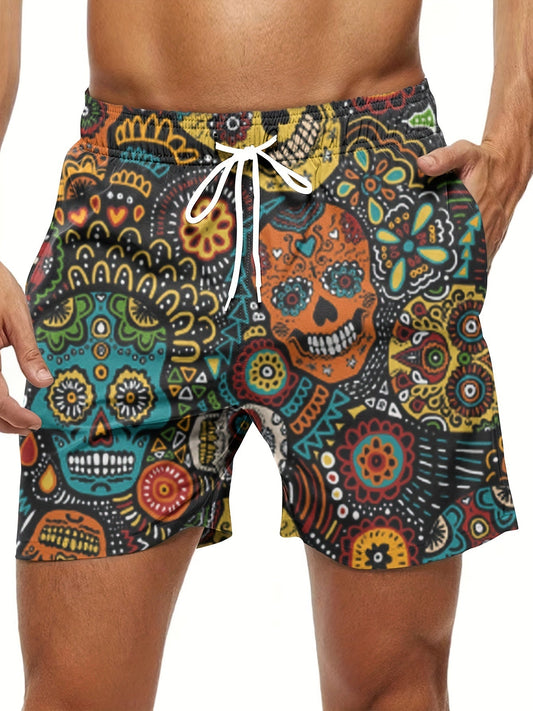 Ethnic Style Skull Heads Digital Print Men's Casual Drawstring Shorts With Pockets For Summer Beach Sports