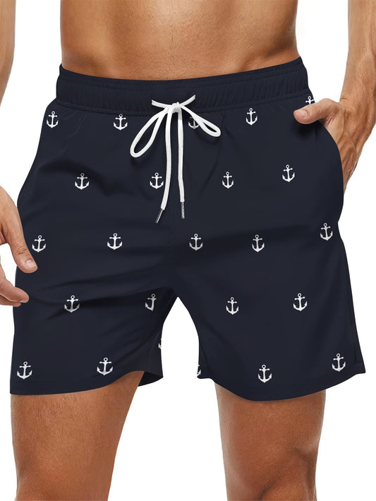 Men's Anchor Pattern Board Shorts With Drawstring And Pockets, Casual And Chic Shorts For Summer Beach Leisurewear