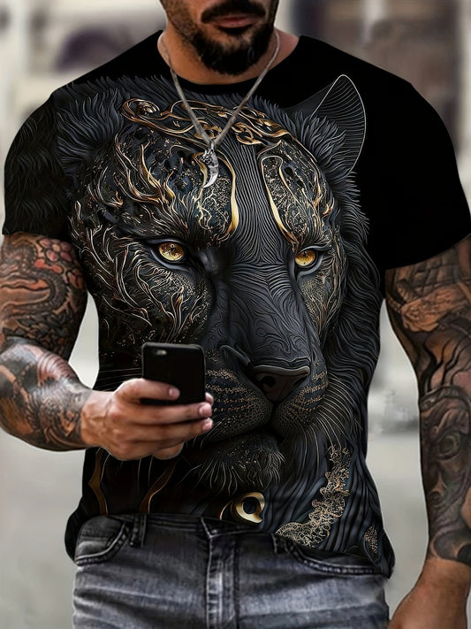 Plus Size Men's Tiger Graphic Print T-shirt For Summer, Trendy Casual Short Sleeve Tees