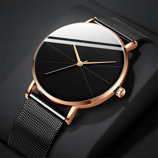 Casual Round Pointer Quartz Watch Minimalist Fashion Analog Stainless Steel Mesh Wrist Watch