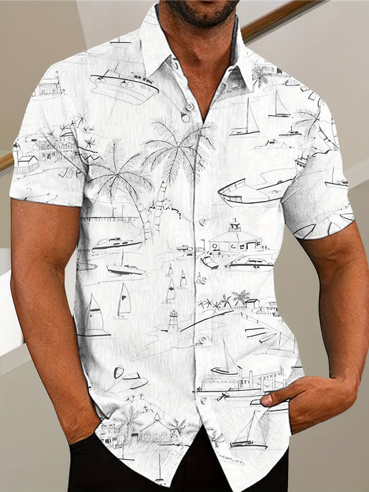 Chic Design Men's Sketch Style Coconut Tree And Sailboat Pattern Short Sleeve Button Up Lapel Shirt, Trendy And Casual Tops For Summer Beach Leisurewear