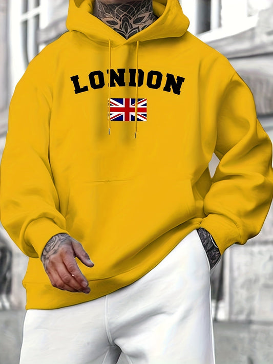 London Print Kangaroo Pocket Hoodie, Casual Long Sleeve Hoodies Pullover Sweatshirt