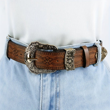 Western Cowboy Belt, Carved Large Square Flower Buckle Belt, Men's Punk PU Leather Street Belt