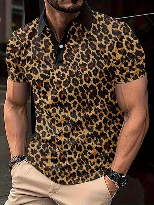 Men's Leopard Design Short Sleeve Lapel Golf Shirts