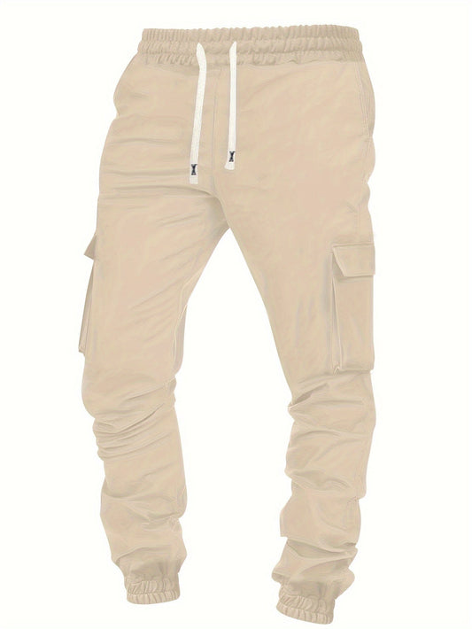 Trendy Solid Drawstring Cargo Pants, Men's Multi Flap Pocket Trousers, Loose Casual Outdoor Pants