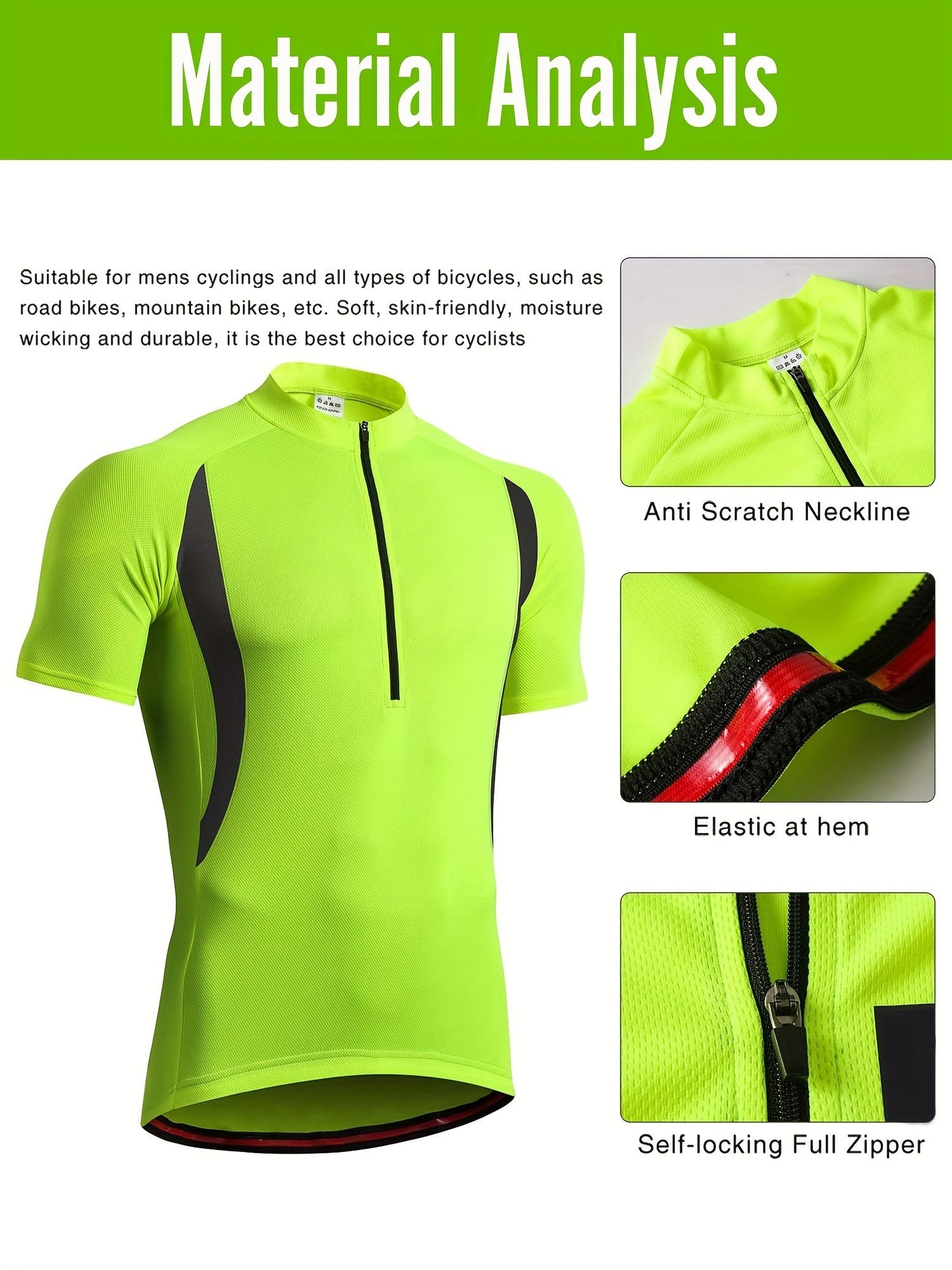 Men's Cycling Short Sleeve Performance Sports Shirt - Moisture-Wicking, Quick-Drying, Breathable, Windproof, Polyester Fabric, Zipper Detail